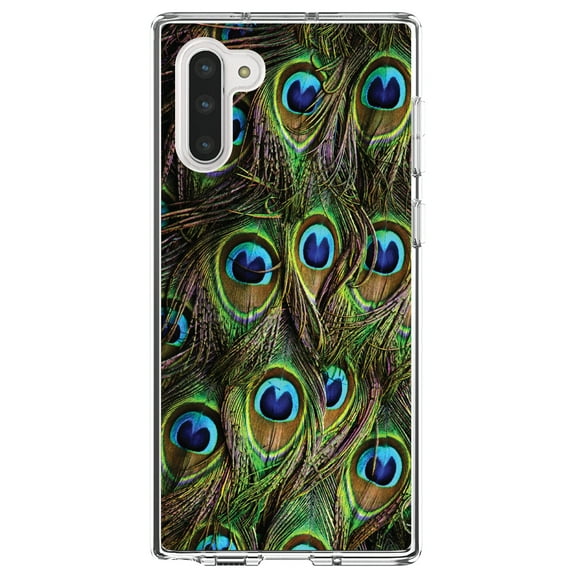 DistinctInk Clear Shockproof Hybrid Case for Samsung Galaxy Note 10 (6.3" Screen) - TPU Bumper, Acrylic Back, Tempered Glass Screen Protector - Peacock Feathers - Animal Print