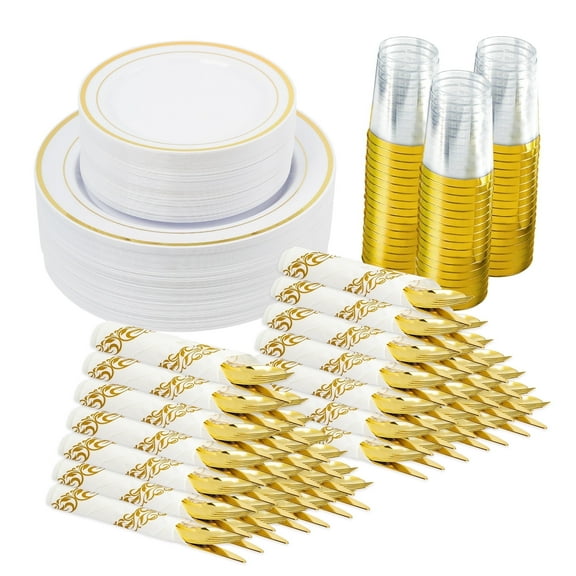 Hawsaiy 350PCS Gold Disposable Plates and Cups Set for 50 Guests, Plastic Dinnerware with Napkins for Wedding and Party