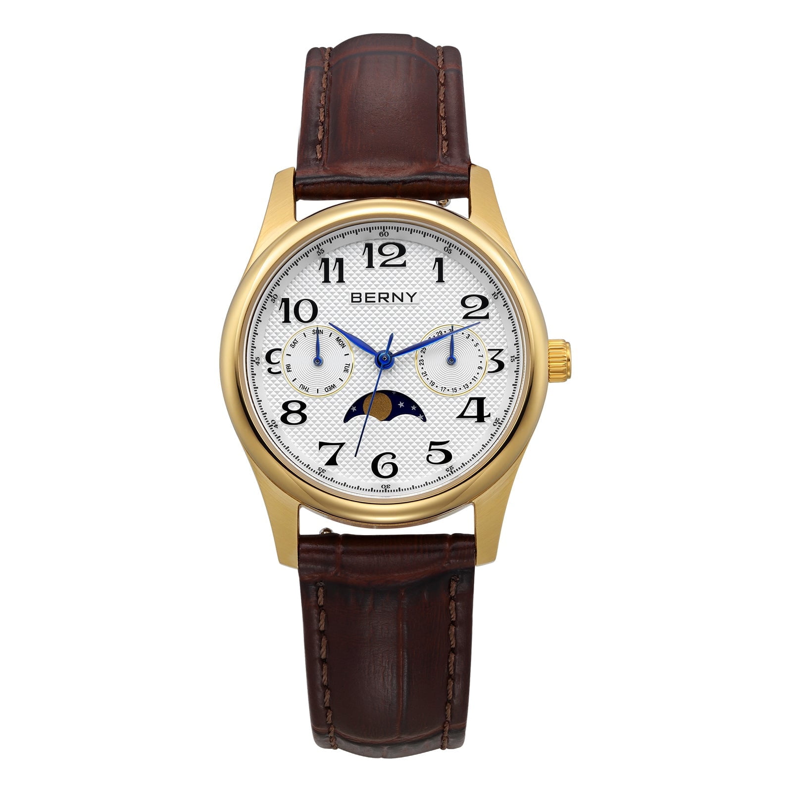 BERNY Dress Watches for Women, MultiFunction Leather Watch with Moon Phase, Day & Date Calendar, Stainless Steel Case, Easy to Read, Waterproof, Ladies Analog Quartz Wrist Watch (Gold)
