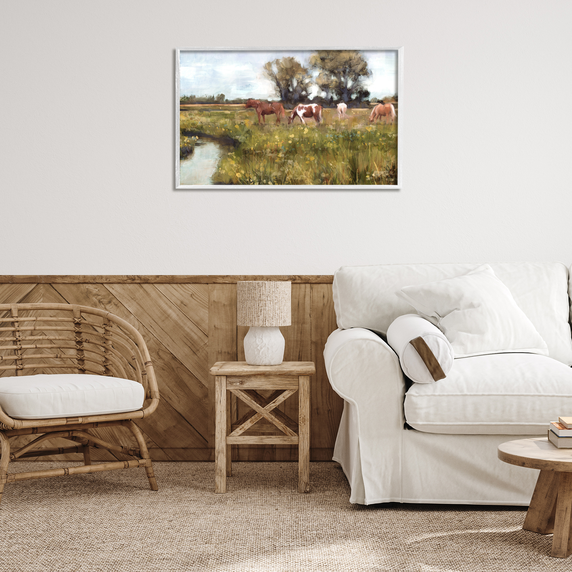 Stupell Industries Lazy Day Horse Landscape Landscape Painting White Framed Art Print Wall Art, 30 x 20