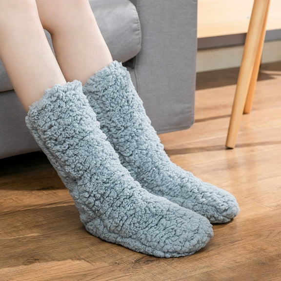 Babysbule Socks for Women Ladies Solid Color Long Slippers Thick Plush Indoor Double-Layer Thickening Indoor Shoes