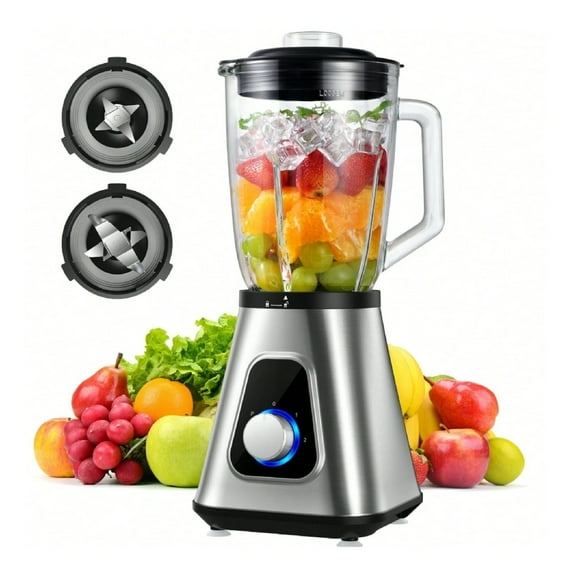 Countertop Blender, Maximum Power 1200W, 52oz Glass Jar, 22oz Travel Cup, 3 Adjustable Speed Control For Frozen Fruit Drinks, Smoothies, Sauces, Sliver