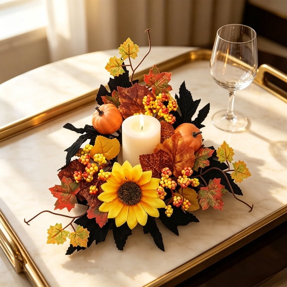 Artificial Flower Candle Ring Wreath for Table Centerpiece, Floral Garland for Pillar Candles, Versatile Home Decor Accents for Weddings Parties Halloween and Thanksgiving