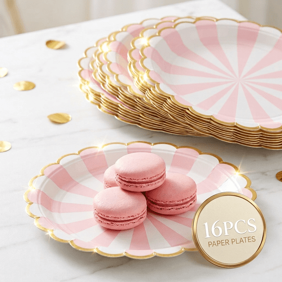 16 Pack Disposable Paper Plates 7 Inch - Elegant Party Plates for Birthday Showers Weddings Celebrations - Sturdy Paperboard Tableware