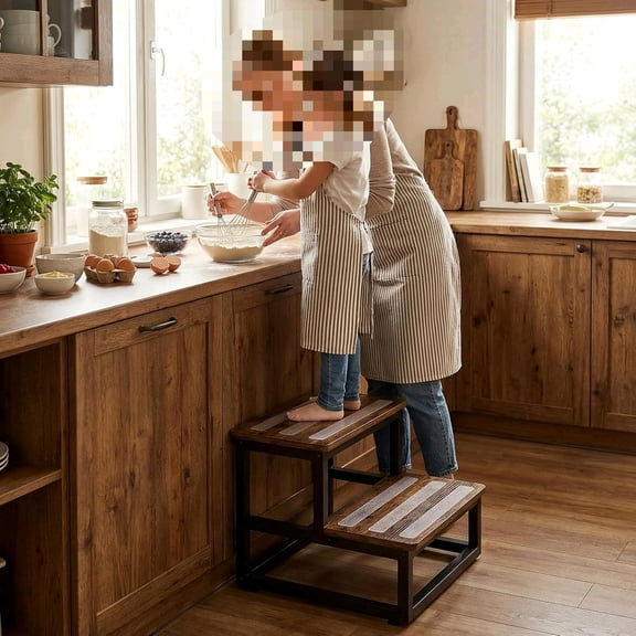 2 Tier Step Stools for Adults with Non-Slip Stickers, Heavy Duty Bed Steps for High Beds,Kitchen Step Stool,Wide Wooden Step Stools for Kids, Step Stool for RV$$Home Decor, Kitchen, & Other