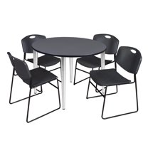 48" Round Breakroom Table- Grey Top- Chrome Base & 4 Zeng Stack Chairs- Black
