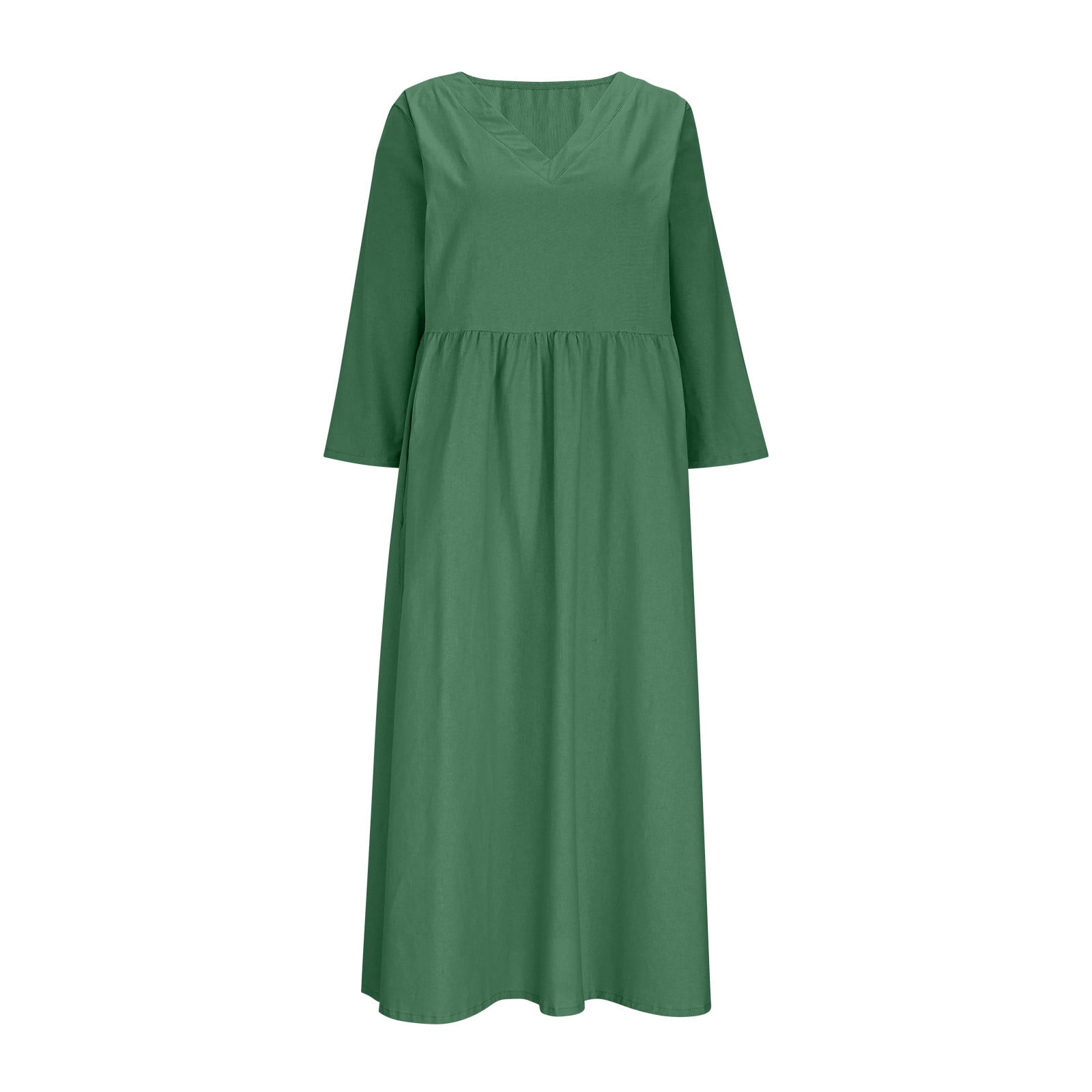 JGGSPWM Linen Dress Women V Neck Long 3/4 Sleeve Tunic Boho Maxi Dress Casual Spring and Autumn Plain Flowy Beach Vacation Dresses Green M