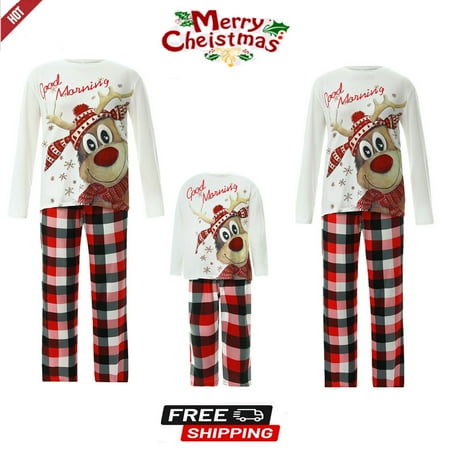 

New Christmas Pajamas for Family Long Sleeve Round Neck Elk Print Tops White Red Plaid Trousers