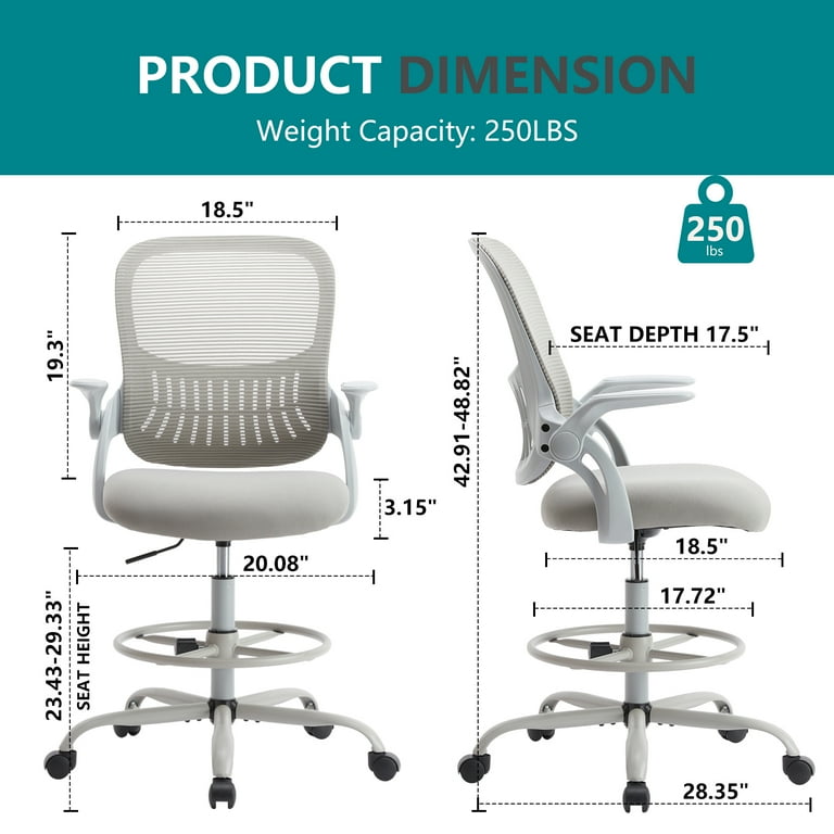 EDX Tall Office Chair, Grey Mesh Drafting Chair with Lumbar
