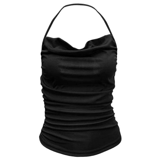 Womens Open Back Crop Top Halter Vest Ruffle Backless Casual Camisole Tie Tanks Tops Sleeveless Solid Color Tops dark green XXXL