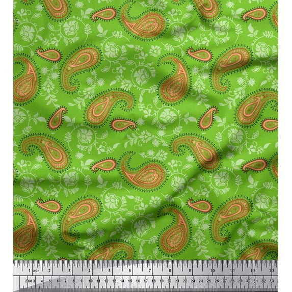 Soimoi Silk Fabric Leaves & Floral Paisley Print Sewing Fabric Yard 42 Inch Wide