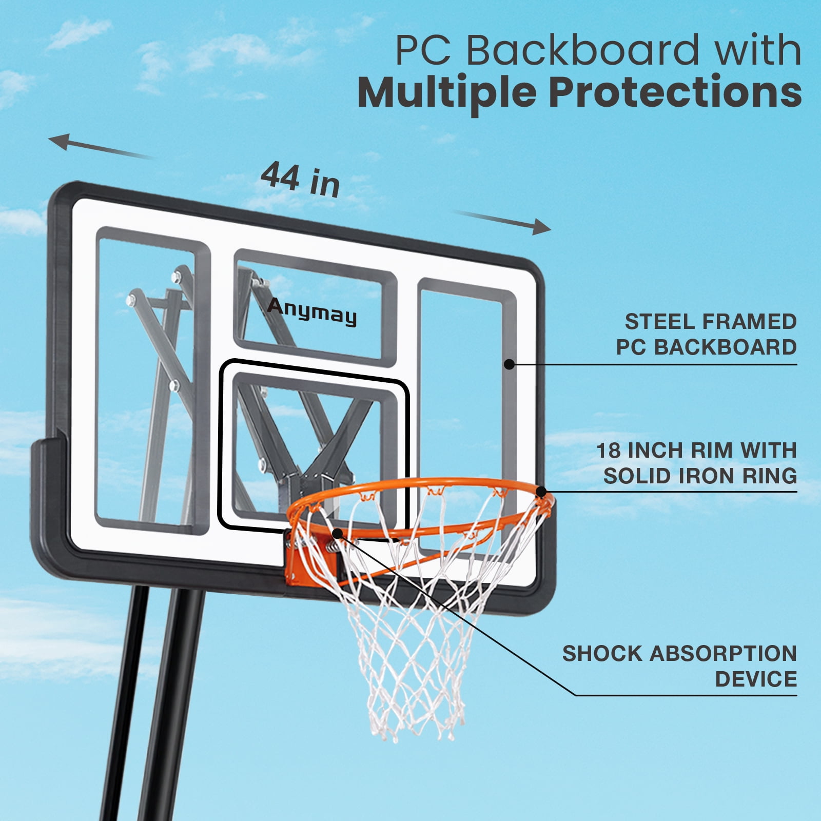 Basketball Hoop Outdoor 44-48Inch Impact Backboard, 5.3-10FT Height Adjustable Basketball Hoop Goal System with Portable Wheels for Adults