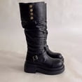 thumbnail image 4 of Women's Slouchy Knee High Boots Mid Calf Chunky Platform Boots Round Toe Riding Biker Boots with Adjustable Buckle Viking Gothic Faux Leather Shoes, 4 of 9
