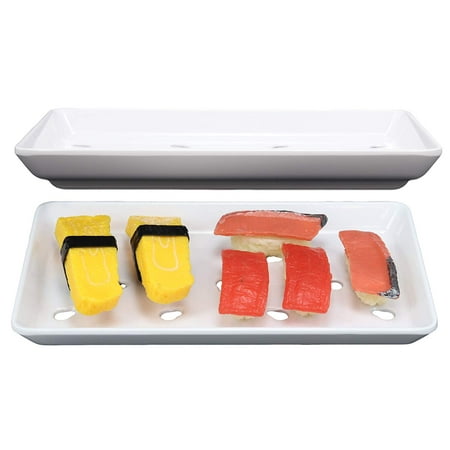 Ebros Gift Japanese Raw Food Preparation And Storage White Neta Zara Melamine Sushi Sashimi Chef Serving Plate With Drip Holes For Sushi Case 8.75