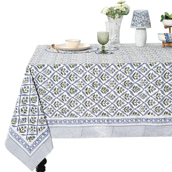 Steel Blue 60x60 Inches Square 100% Cotton Hand Block Print Tablecloth Washable Halloween Thanksgiving/Christmas Parties/Wedding UseFall décor Farmhouse Dining Dinner Tablecloth