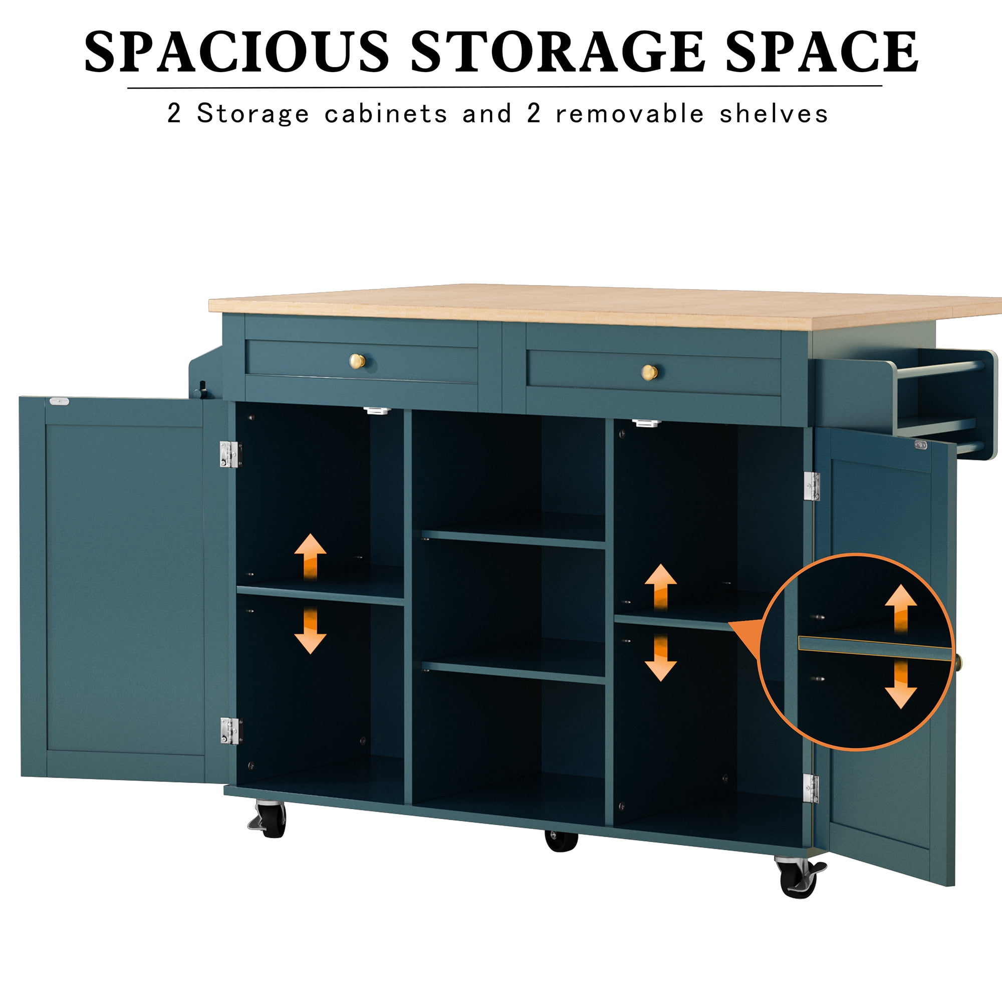"HLR Large Versatile Folding 51.7"" W Rolling Kitchen Island with Storage, Green"