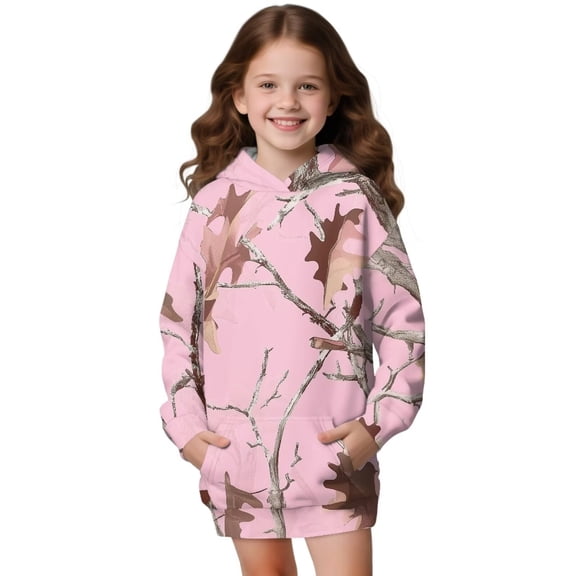 Psesaysky Girls Sweatshirt Pink Camo Branch Printed Hoodie Dress Long Sleeve Pullover Fall Fashion Hooded Top for Teen Girls with Pockets for 9-10 Years