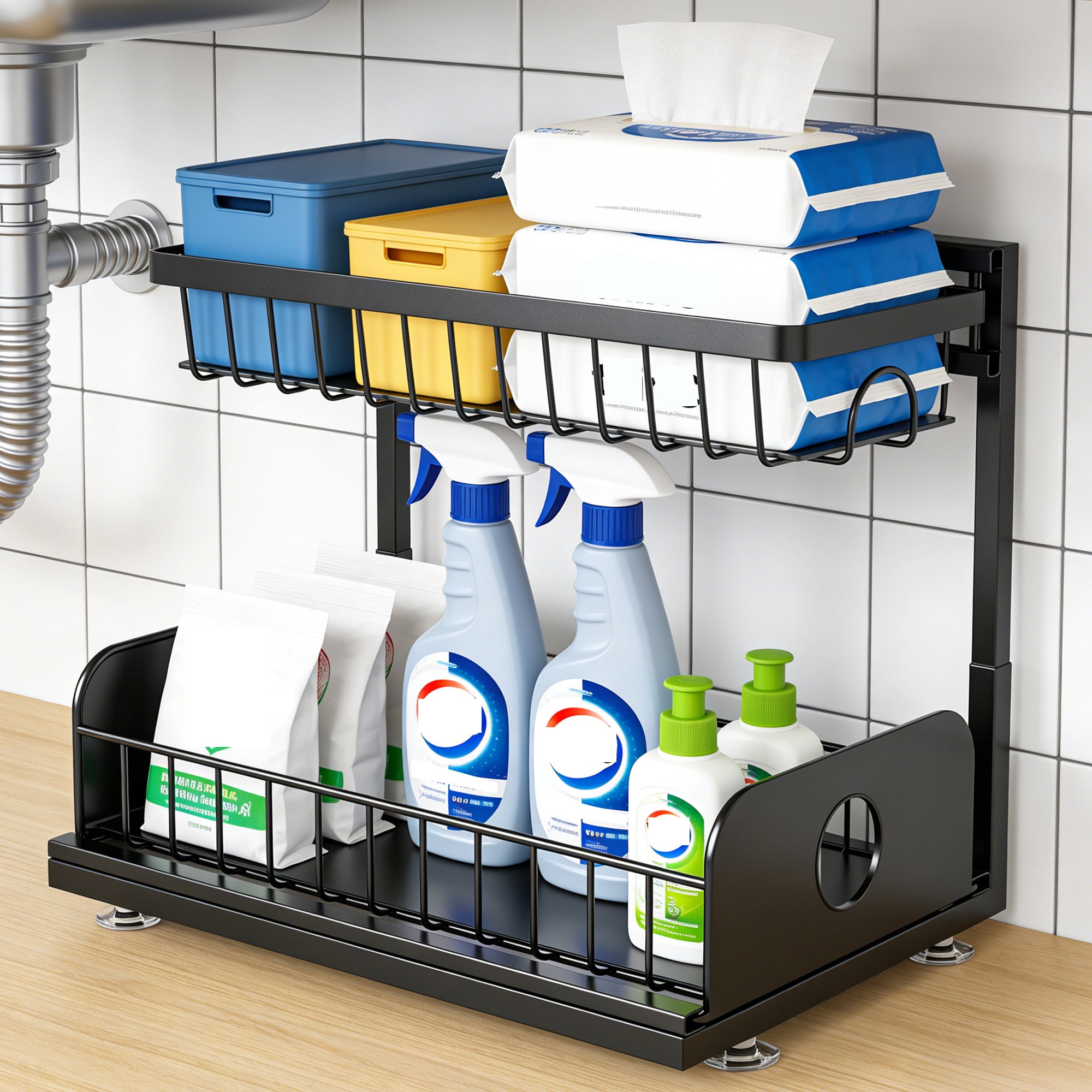 2 Pack Under Sink Organizer, 2 Tier Metal Pull Out Under Sink Storage, Cabinet Storage Organizer, Slide Out Under Sink Organizer for Kitchen Bathroom Cabinet