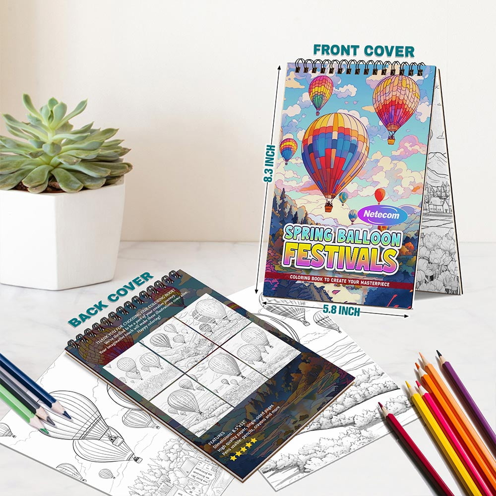 Netecom Spring Balloon Festivals Coloring Book Spiral Bound For Adults, A5 Wooden Cover, 30 Joyful Coloring Pages of Festivals in the Sky for Stress Relief and Relaxation