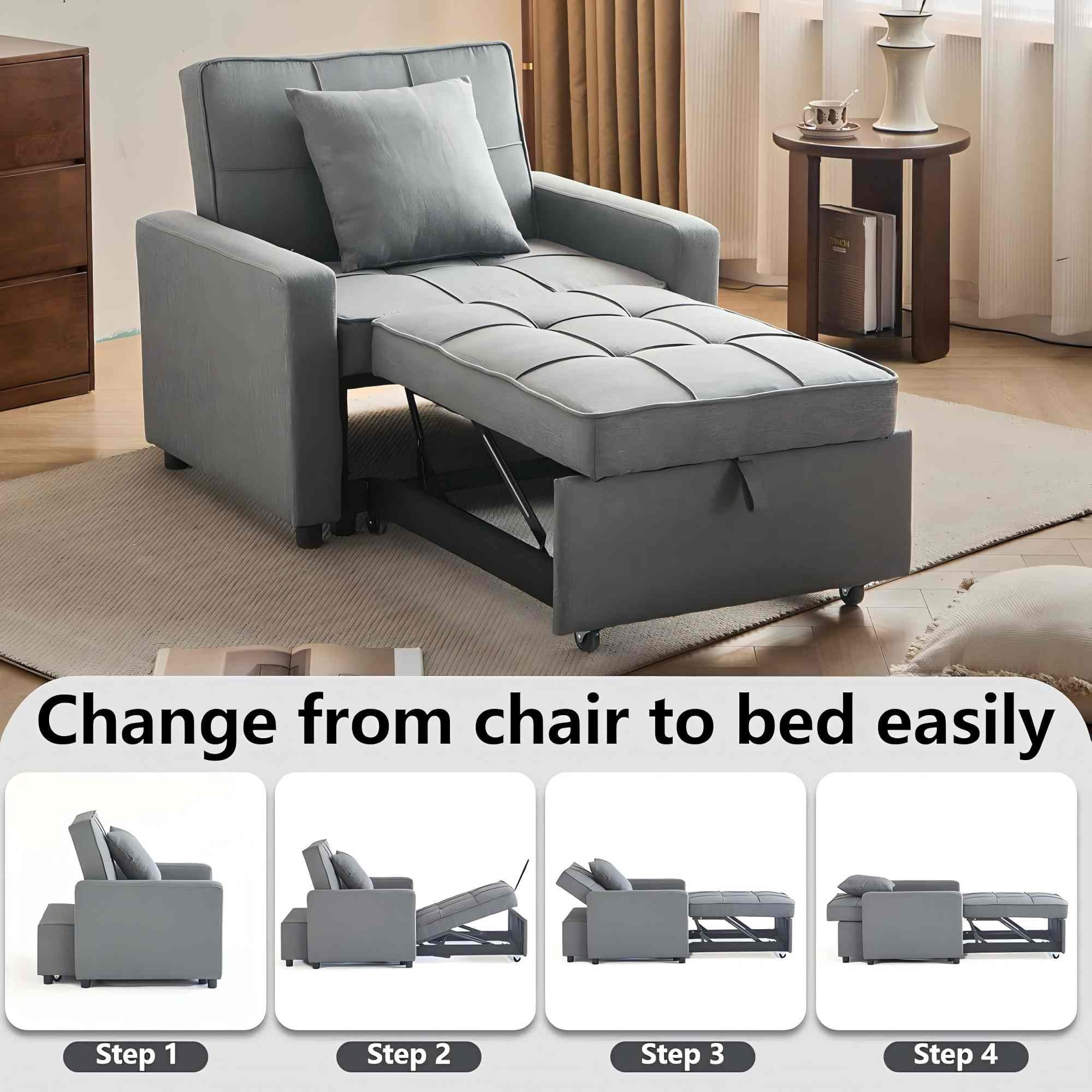 BSHTI 35.6" Cotton Linen Fabric Convertible Sleeper Chair Bed with 3-Level Adjustable Backrest, Pull-Out Design, 1 Pillow for Living Room(Light Gray)
