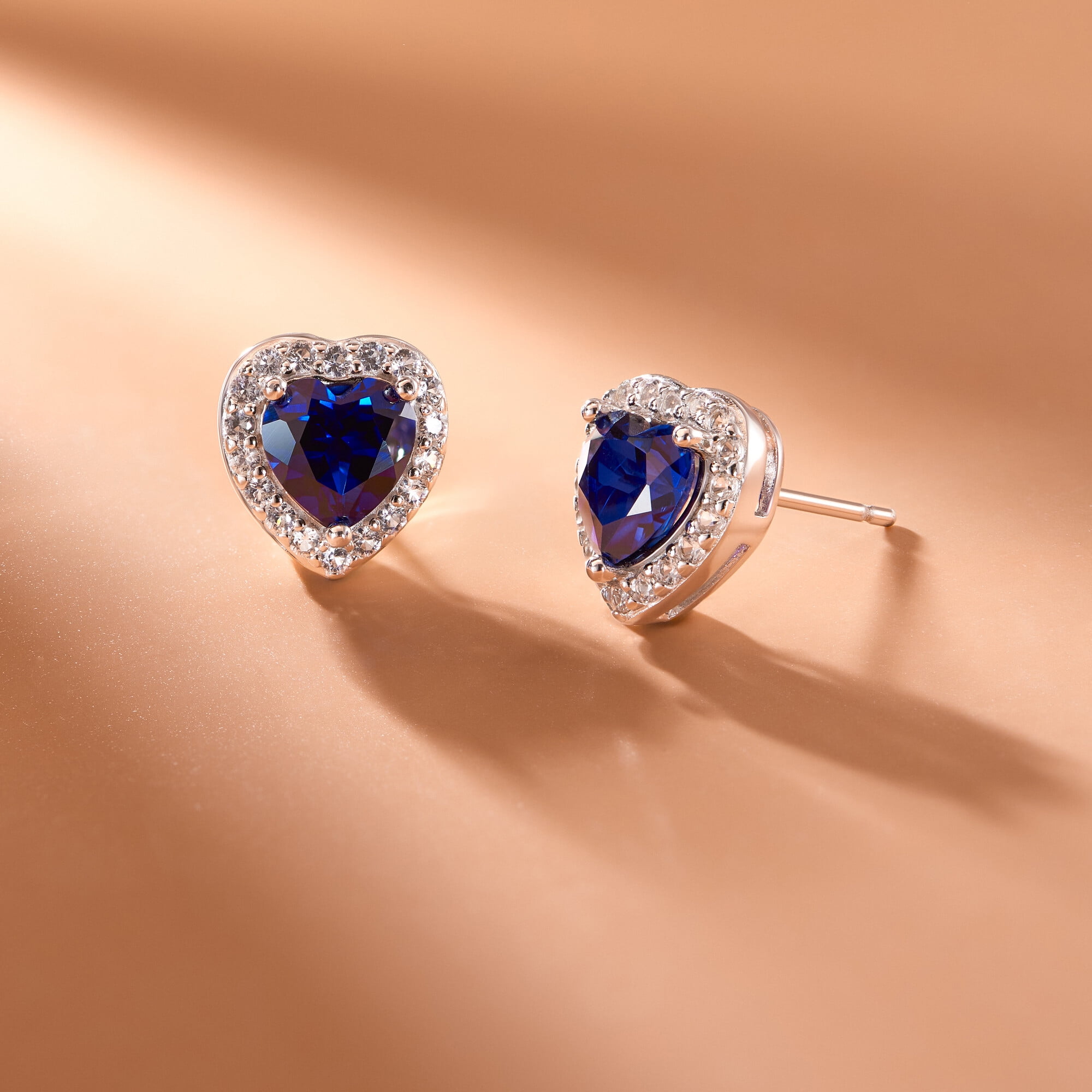 Forever Facets Created Blue Sapphire and Created White Sapphire Heart Halo Earrings in Sterling Silver, Adult Female