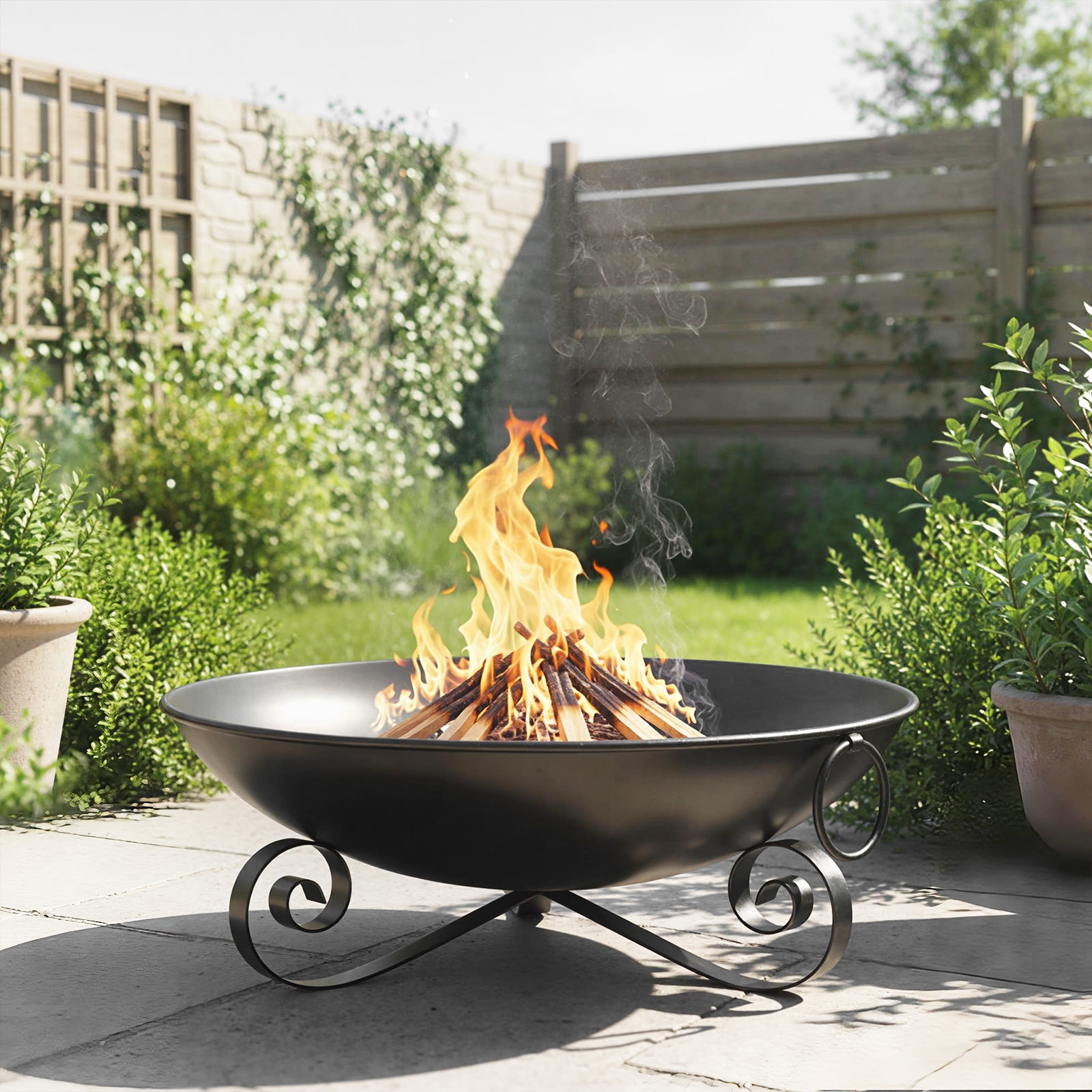 Patiojoy 24 Inch Heavy-Duty Metal Fire Pit Bowl Outdoor Wood-Burning Firepit with Handles