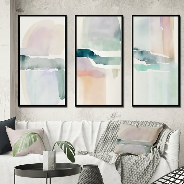 Designart "Pastel Tranquility in Serene Shades I" Abstract Liquid Ink Framed Wall Art Set Of 3 - Blue Modern Frame Gallery Wall Set For Home Decor