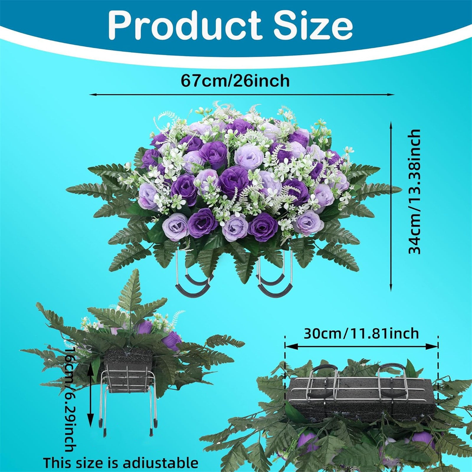 Large Artificial Headstone Flower Saddle for Graves, White Cemetery Memorial Flowers for Outdoor Tombstone Decorations,Peacock Blue 67*34cm