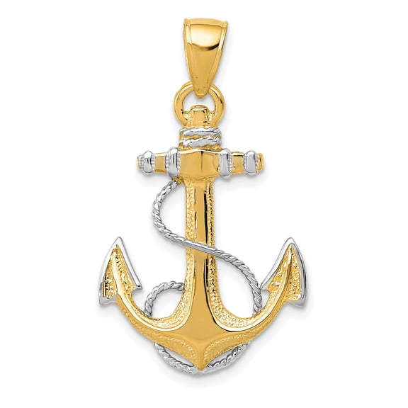 10k Yellow Gold Anchor Pendant with Rhodium, Rope Detail Nautical Necklace for Men or Unisex, Christian Religious Symbol, Spiritual Faith Jewelry, Polished Maritime Style Accessory