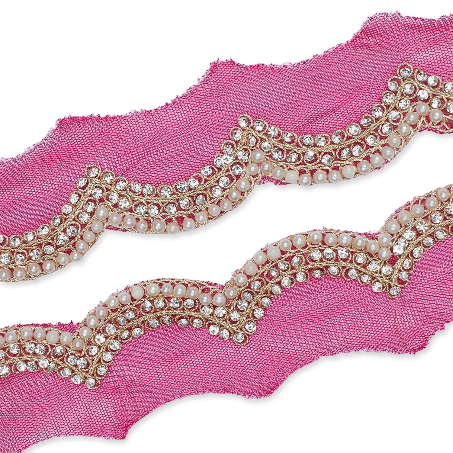 2 Inch Scalloped Regal Rhinestones Beads & Metallic Cording On Polyester Mesh Trim By The Yard For Sewing, Crafts, Decor, Or Upholstery - Fuchsia (1 Yard)