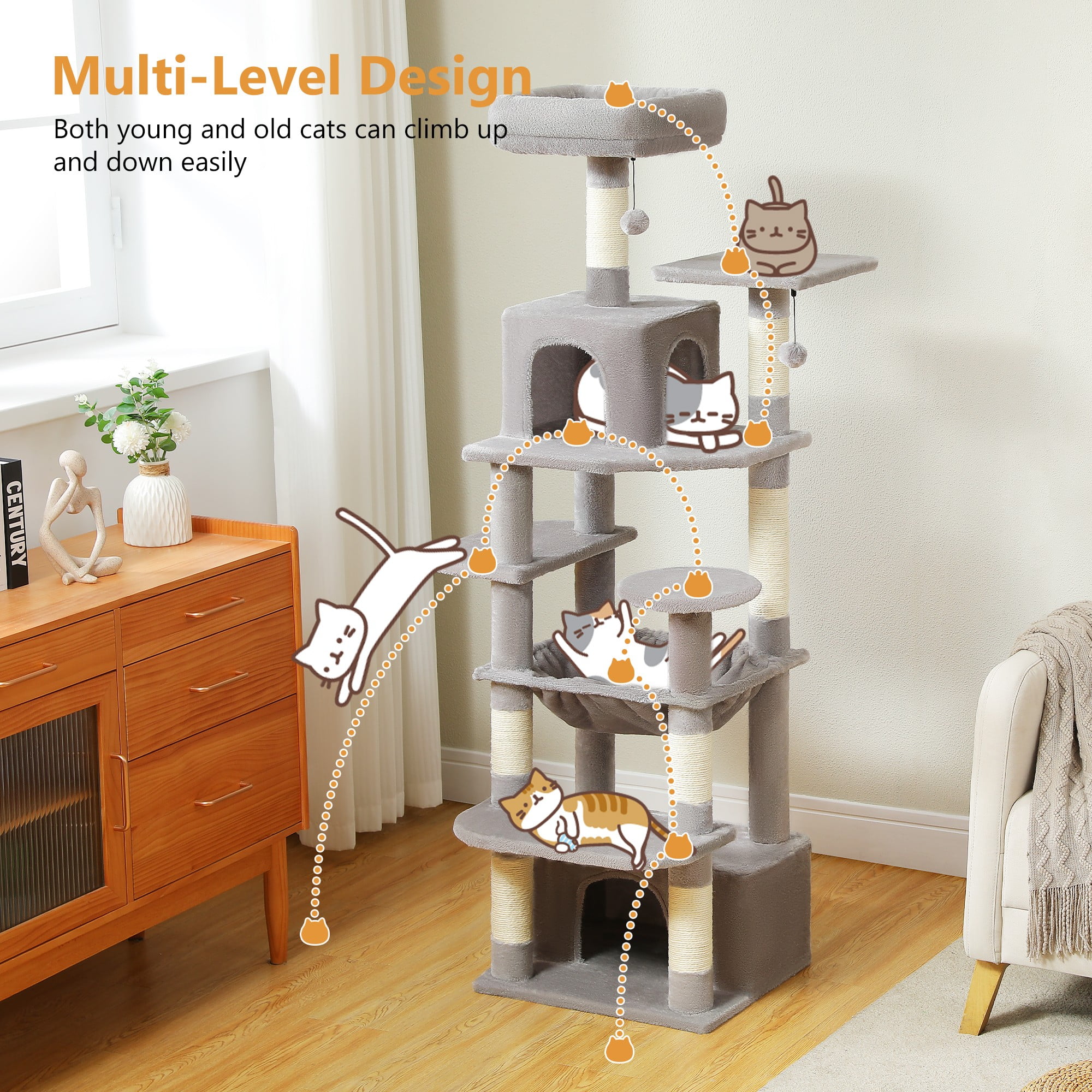 Kadyn 64" Modern Cat Tree Tower for Indoor Cats, Cat Condo with Sisal Scratching Post, Hammock and Top Perch, Gray