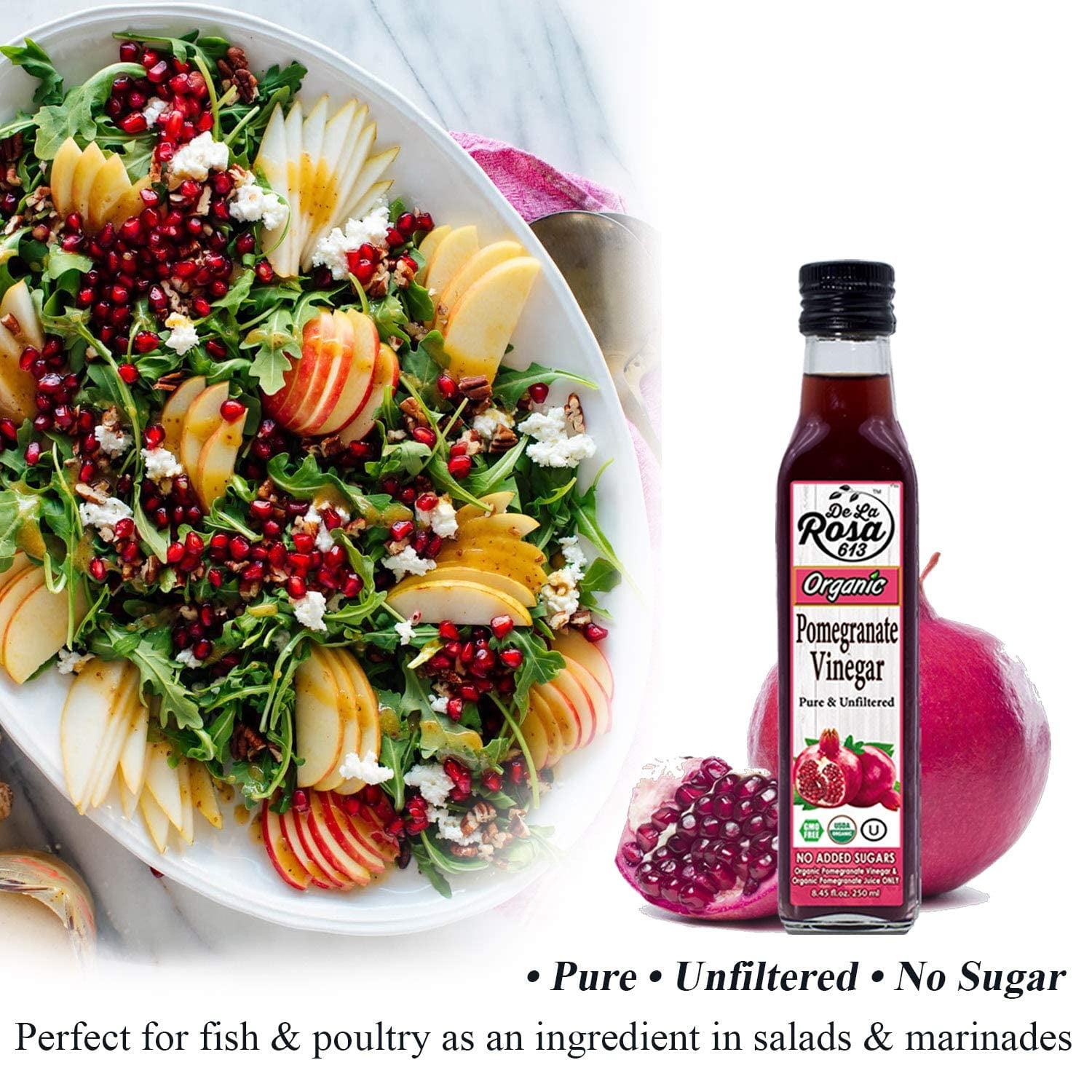Delarosa613 Organic Pomegranate and White Balsamic Vinegar, Glass Bottle, 2 Pack, 8.45 oz