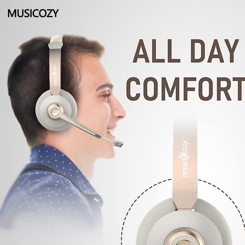 MUSICOZY Bluetooth Headset with Microphone, Wireless Headphones with Noise Cancelling Mic, 26hrs talktime, On Ear Headphones with Mic Mute for Mac/Laptop/Zoom/Teams/Call Center/Office/Home Gold