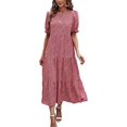 thumbnail image 1 of Summer New Printed Solid Color Crewneck Short-sleeved Dress Casual Pleated Large Pendulum-KEEW, 1 of 4