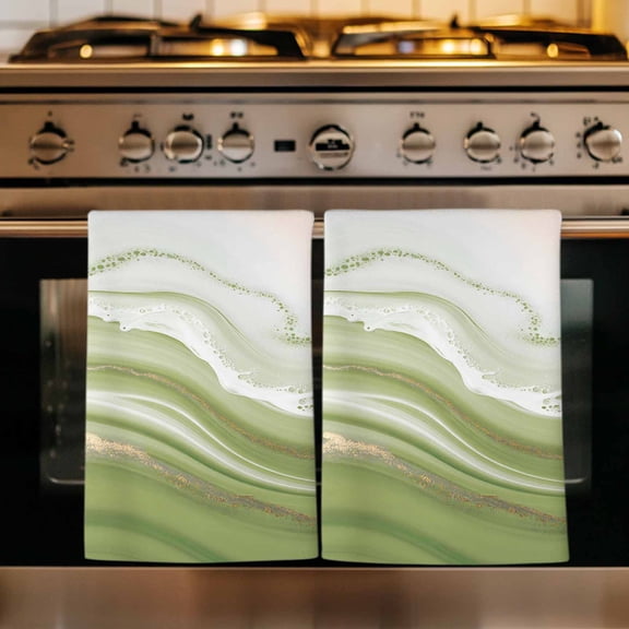 Green Abstract Kitchen Towels Set of 1, Waves Gradient Water Ripple Striped Absorbent Dish Towels for Kitchen, Microfiber Hand Towel, Quick Drying Tea Towel for Cleaning Decorative Dishcloths