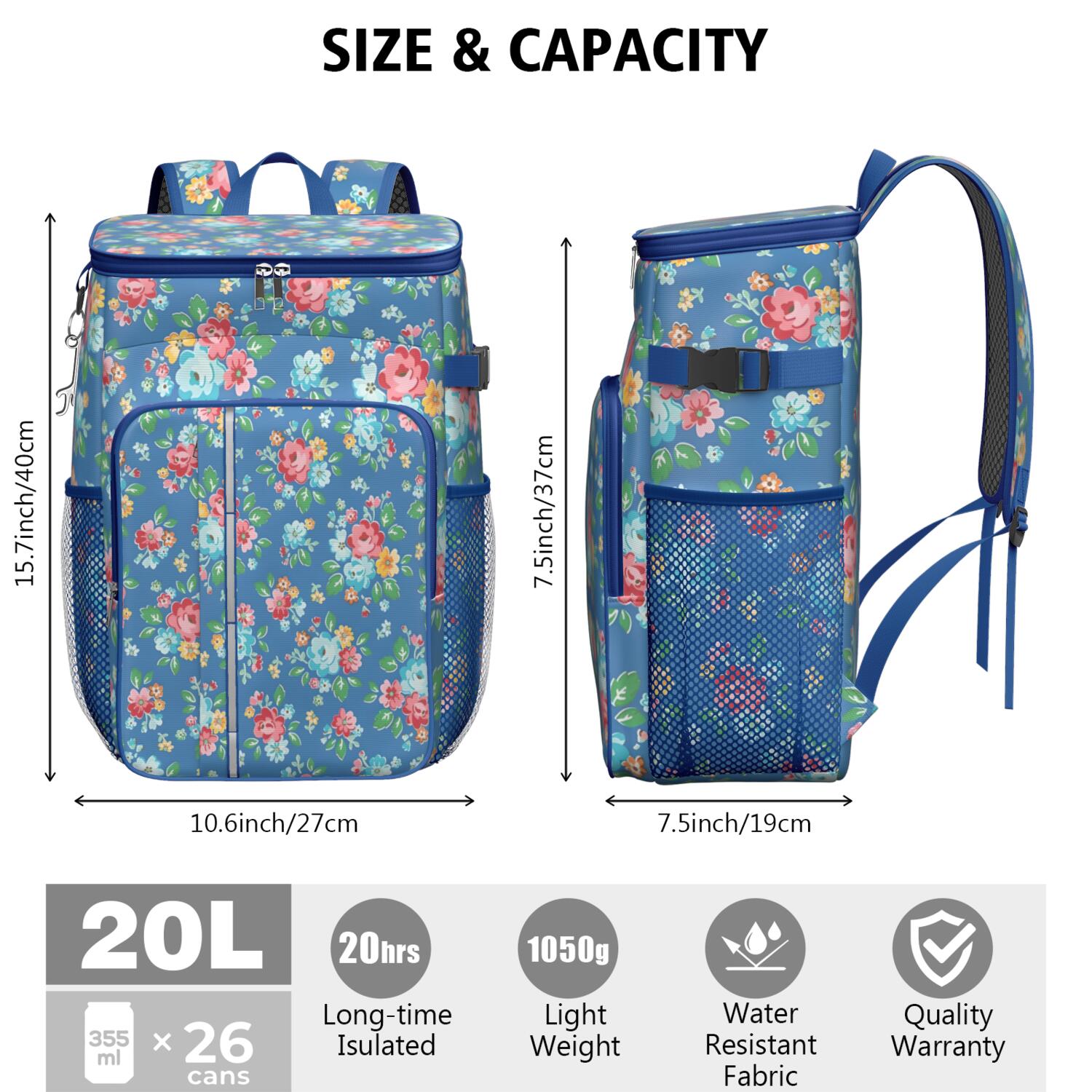 Travel Cooler Bag - Pioneer Flower Floral Print Pattern Camping Beer Cooler Backpack with Bottle Opener- Waterproof Insulated Picnic Backpacks - Cooler Bag for Beach