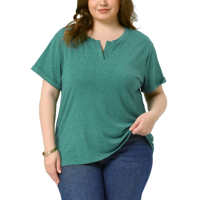 Camisetas de mujer de talla grande GRACE & GRANDEUR, con cuello en V, mangas cortas enrolladas, suaves y casuales, camisetas de verano 2025 4X verdes