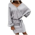 thumbnail image 2 of absuyy Women Dresses V-neck Long Sleeved Solid Sexy Leisure Fashion Dresses Fashion Dresses Gray Trendy Skirt Size M, 2 of 9