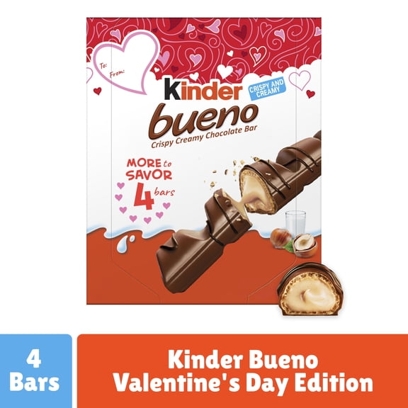 Kinder Bueno, Crispy Creamy Chocolate Bars, Individually Wrapped, Perfect Valentine’s Day Candy, 4 Count 3 oz