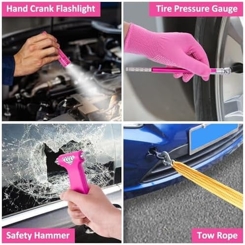 Car Roadside Emergency Kit - Pink Roadside Assistance Emergency Kit with Jumper Cables, Auto Tool Set, Deer Whistles, Winter Car Safety Roadside Assist Kit for Teen Girl and Ladies