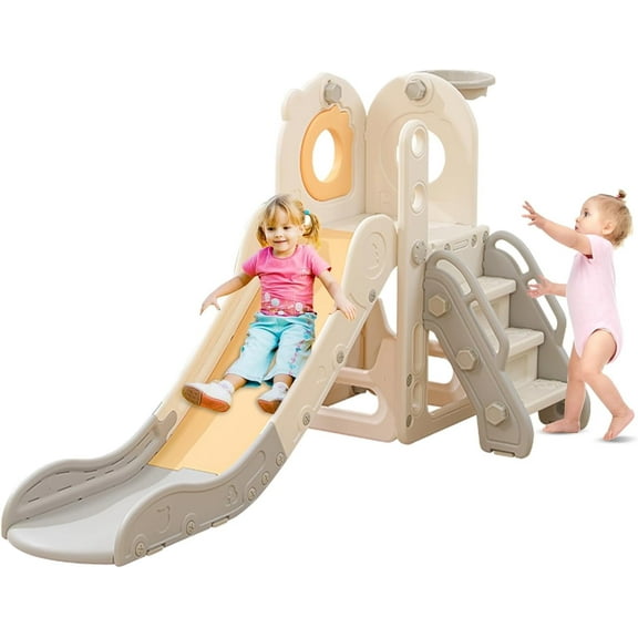 5 in 1 Kids Indoor Freestanding Toddler Slide Playset for Toddlers 1-3 L Shaped with Basketball Hoop