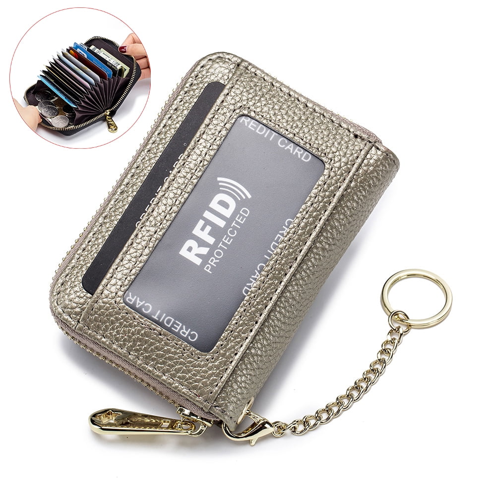 RFID Credit Card Holder, Small Leather Zipper Card Wallet(Golden)
