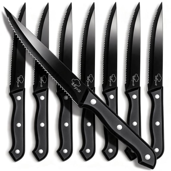 Steak Knives Set of 8,Sharp Serrated Dinner Knife Kitchen Cutting Knife for Meat Cheese Stainless Steel Black Knife Cutlery Set Dishwasher Safe