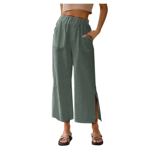 Capri Pants for Women Boho Split Flowy Palazzo Wide Leg Capris Solid