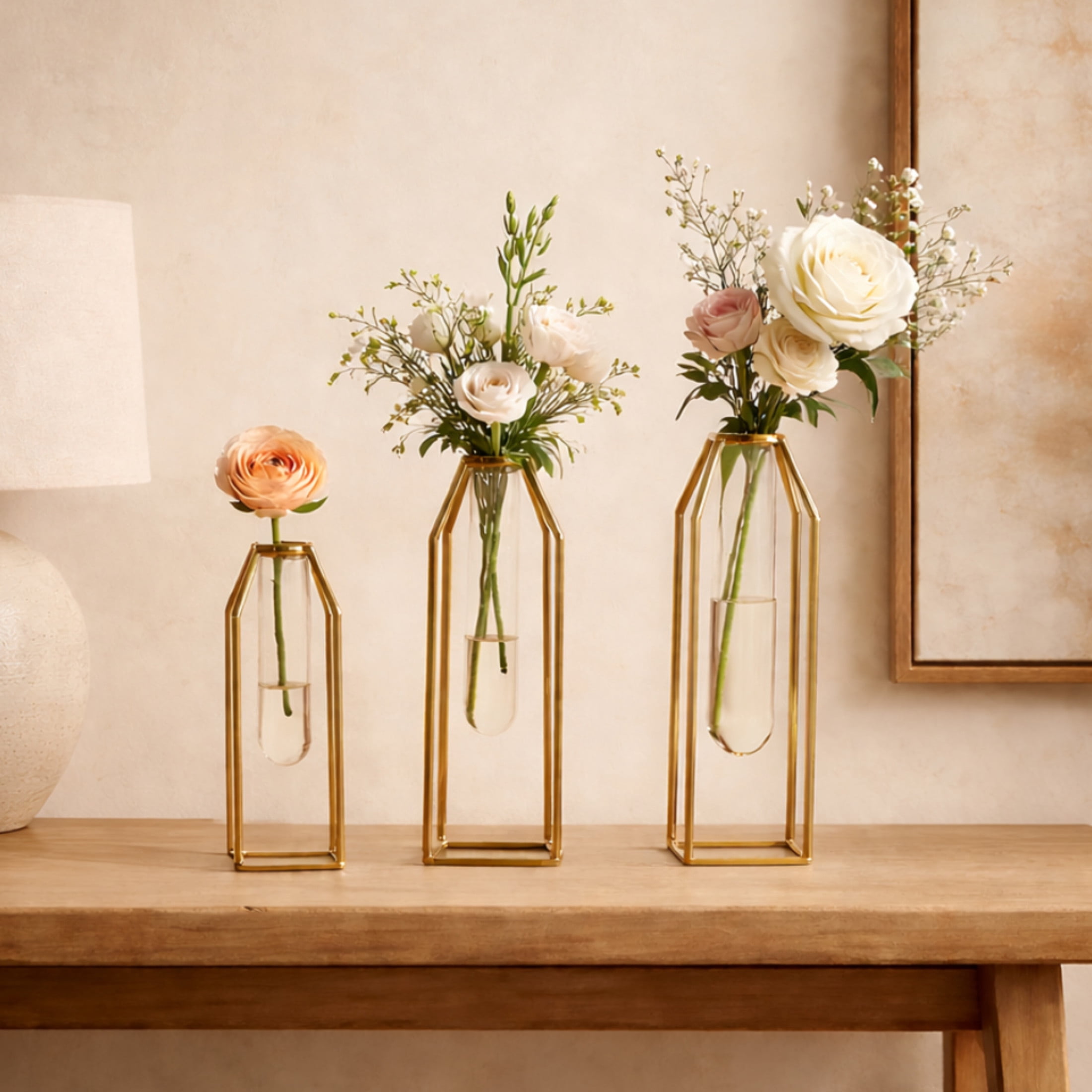 CosmoLiving by Cosmopolitan 13", 12", 9"H Test Tube Gold Stainless Steel Metal Vase, Set of 3