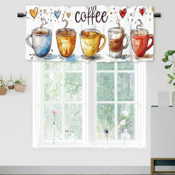 Coffee Valance Rod Pocket Window Curtain for Kitchen Coffee Theme Tea Cup Love Heart Window Treatment Valance Curtains for Bathroom 54 by 18 in, 1 Panel