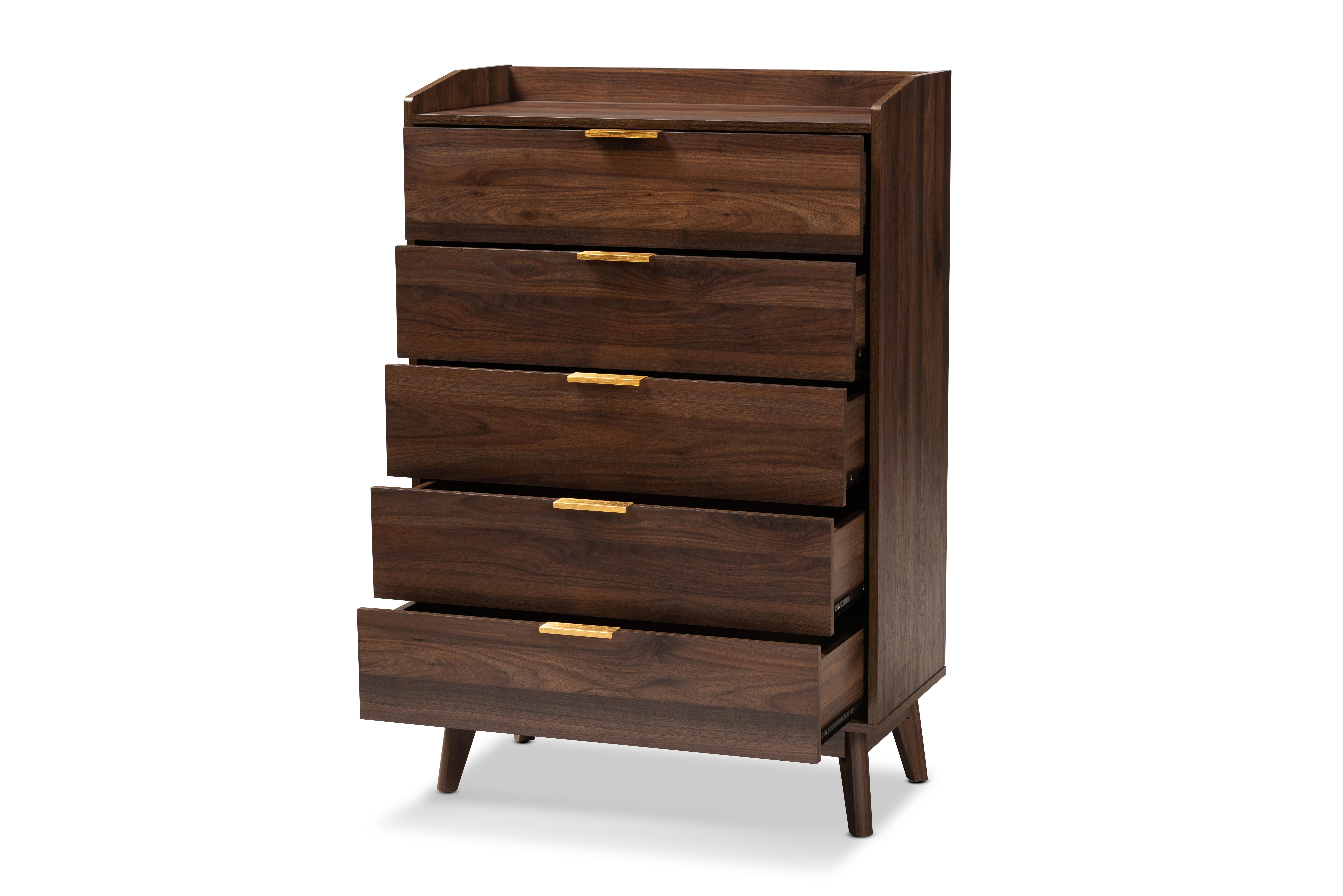 Baxton Studio Lena Mid-Century Modern Walnut Brown Finished 5-Drawer Wood Chest