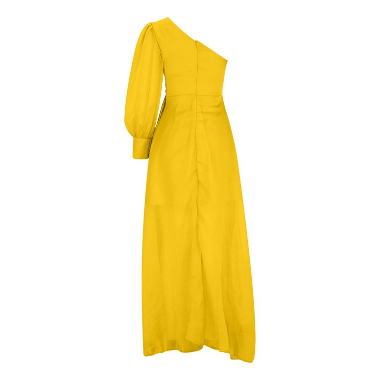 open lace back dress Sheath One Shoulder Long Sleeves Elegant Mother of The Bride Dress Long Cocktail Dress US2 / Yellow