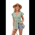 thumbnail image 2 of Blusa Informal de Corta con Cuello en V y Volantes para Mujer, Camisa de Botones de Estilo Formal, Color Verde Verano, Talla L, 2 of 8