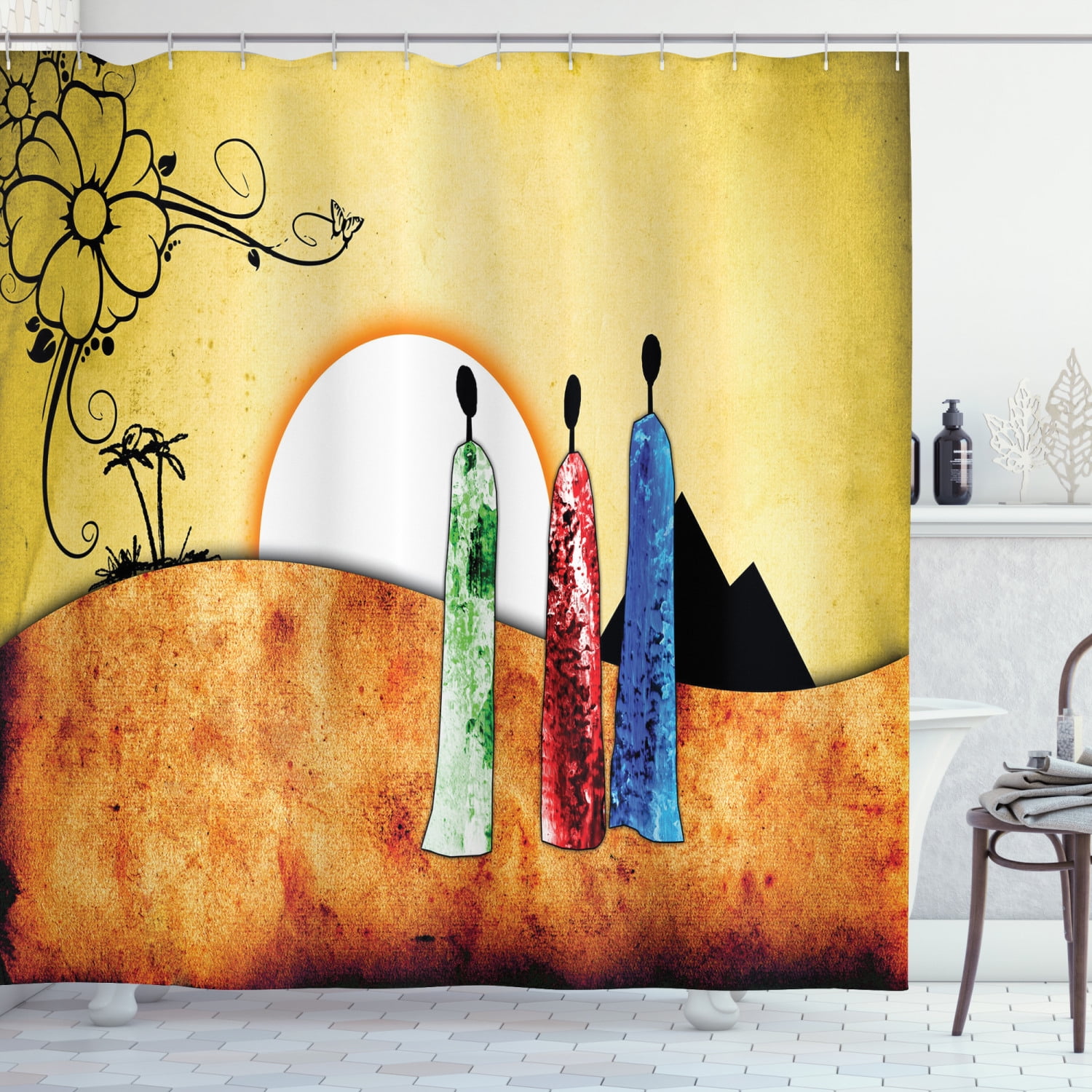 African Shower Curtain, African People Facing Large Sun in Savannah